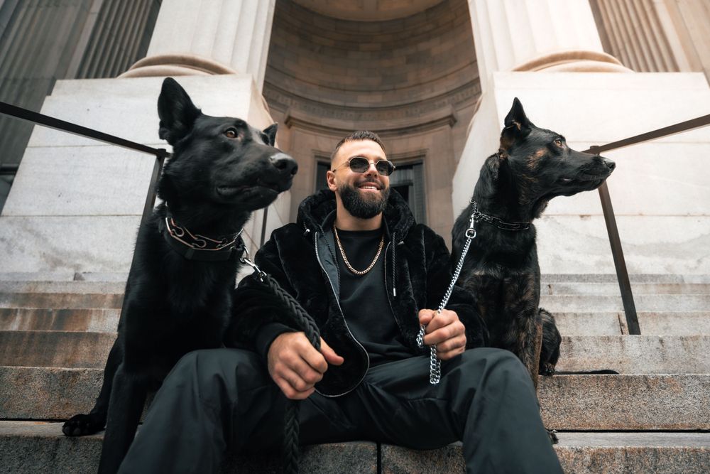 Two black guard dogs sitting on steps with someone in black clothing between them. Mtlshutter photography