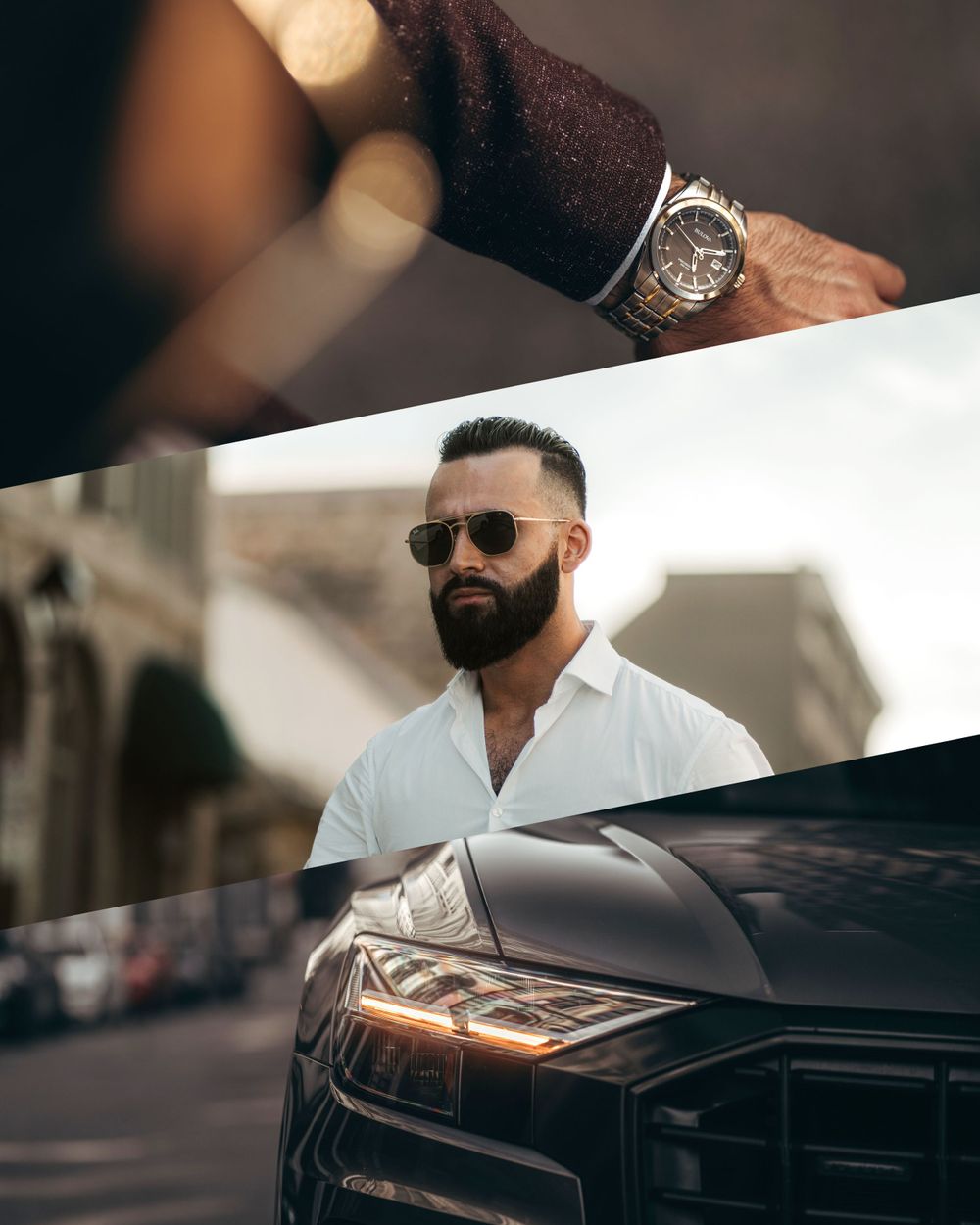 Stylish shot of luxury car with someone in white shirt and sunglasses. Mtlshutter photography