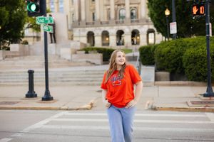 Outdoor golden hour spring downtown senior photos in Springfield, Illinois