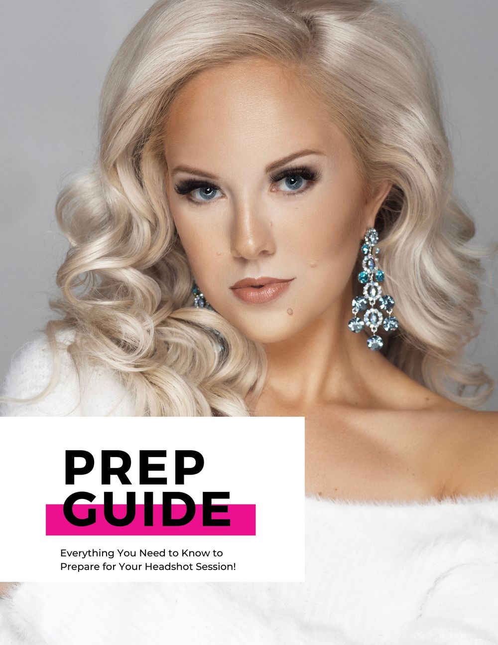 Professional beauty guide cover showcasing glamorous styling with platinum blonde hair and sparkly blue earrings. Kentucky pageant headshot