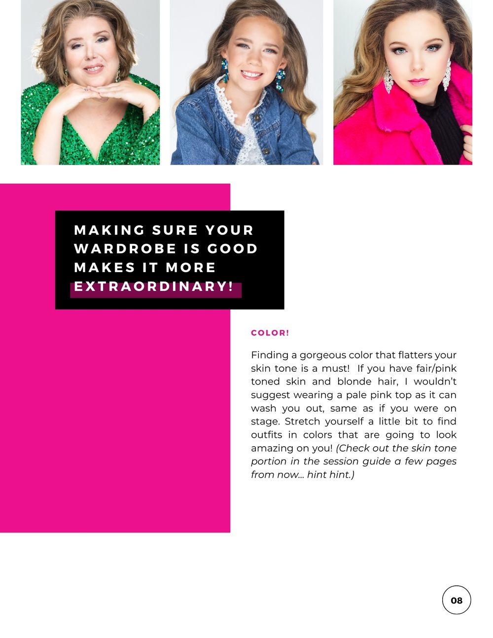 Three-photo collage showing glamorous poses in green, denim, and pink outfits with styling tips. Kentucky pageant headshot photographer