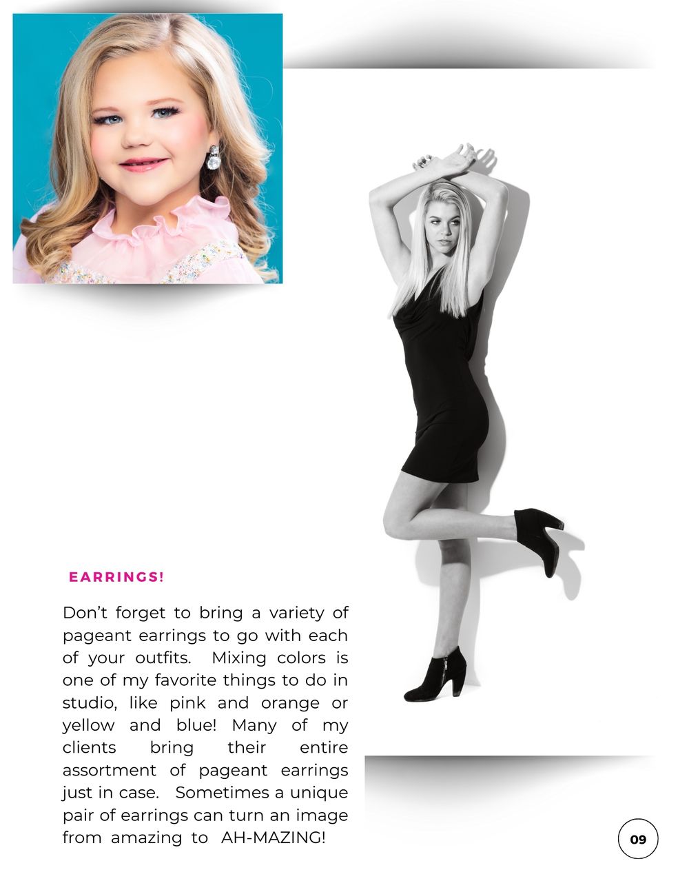 Page about accessorizing with earrings featuring fashion poses against blue and white backgrounds. Kentucky pageant headshot photographer