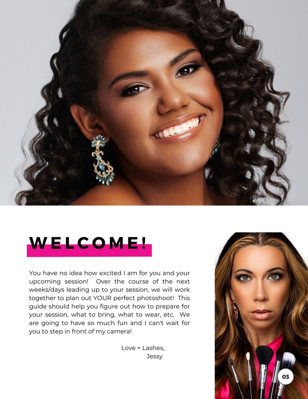 Welcome page from a beauty prep guide featuring professional styling and makeup brushes. Kentucky pageant headshot photographer