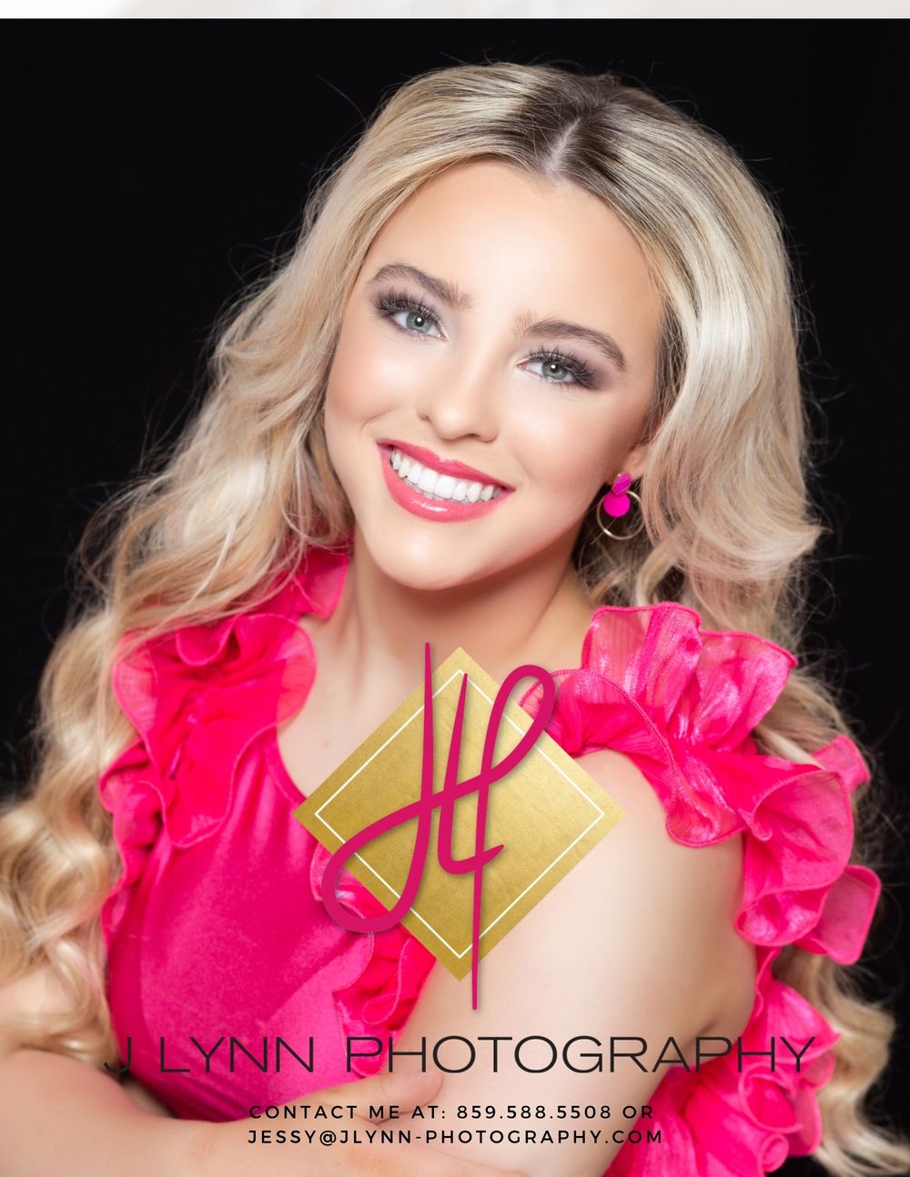 Professional portrait with bright pink ruffle dress and gold accents against black background. Kentucky pageant headshot photographer
