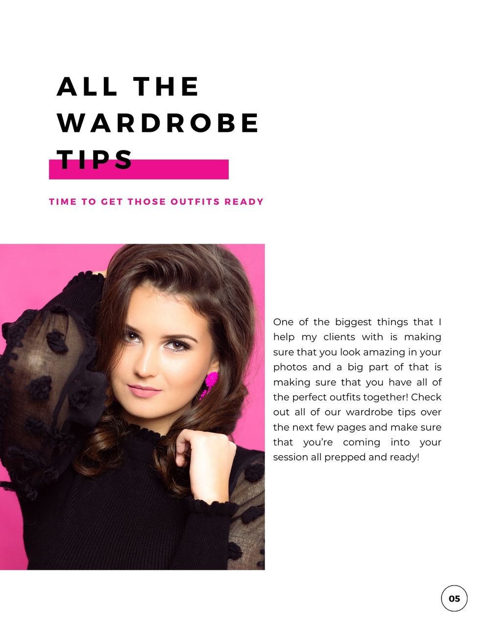 Wardrobe tips page featuring fashion advice in black and hot pink design elements. Kentucky pageant headshot photographer