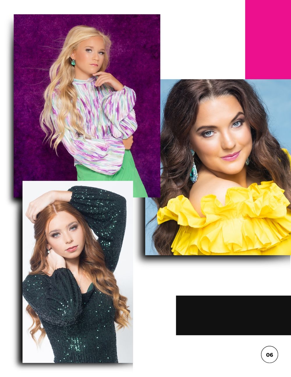 Collage of three beauty photos showing different hairstyles and colorful outfits in yellow and sparkly black. Kentucky pageant headshot phot