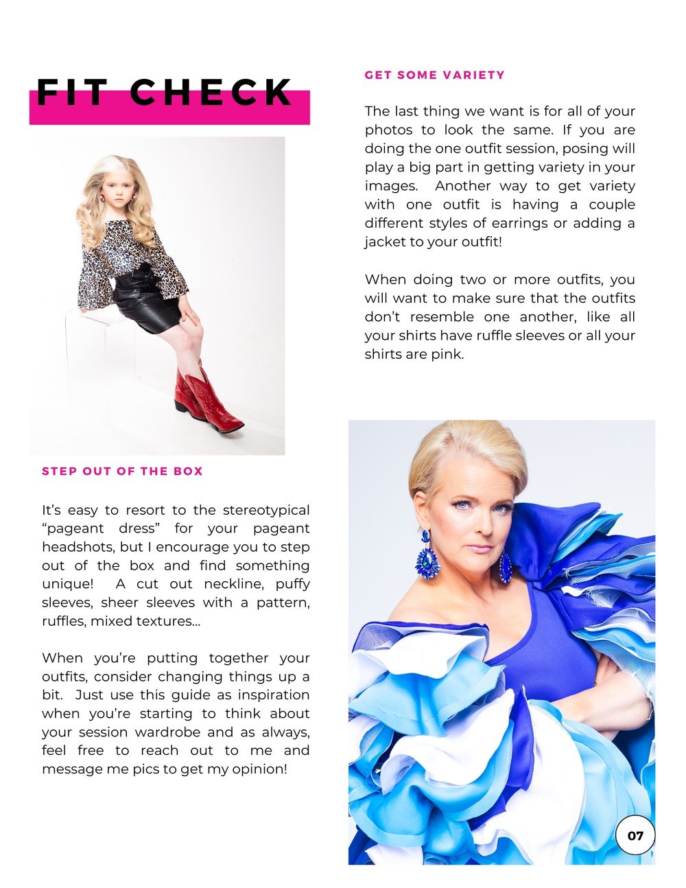 Fashion guide page with fit check tips and photos showing dramatic ruffled blue outfits. Kentucky pageant headshot photographer