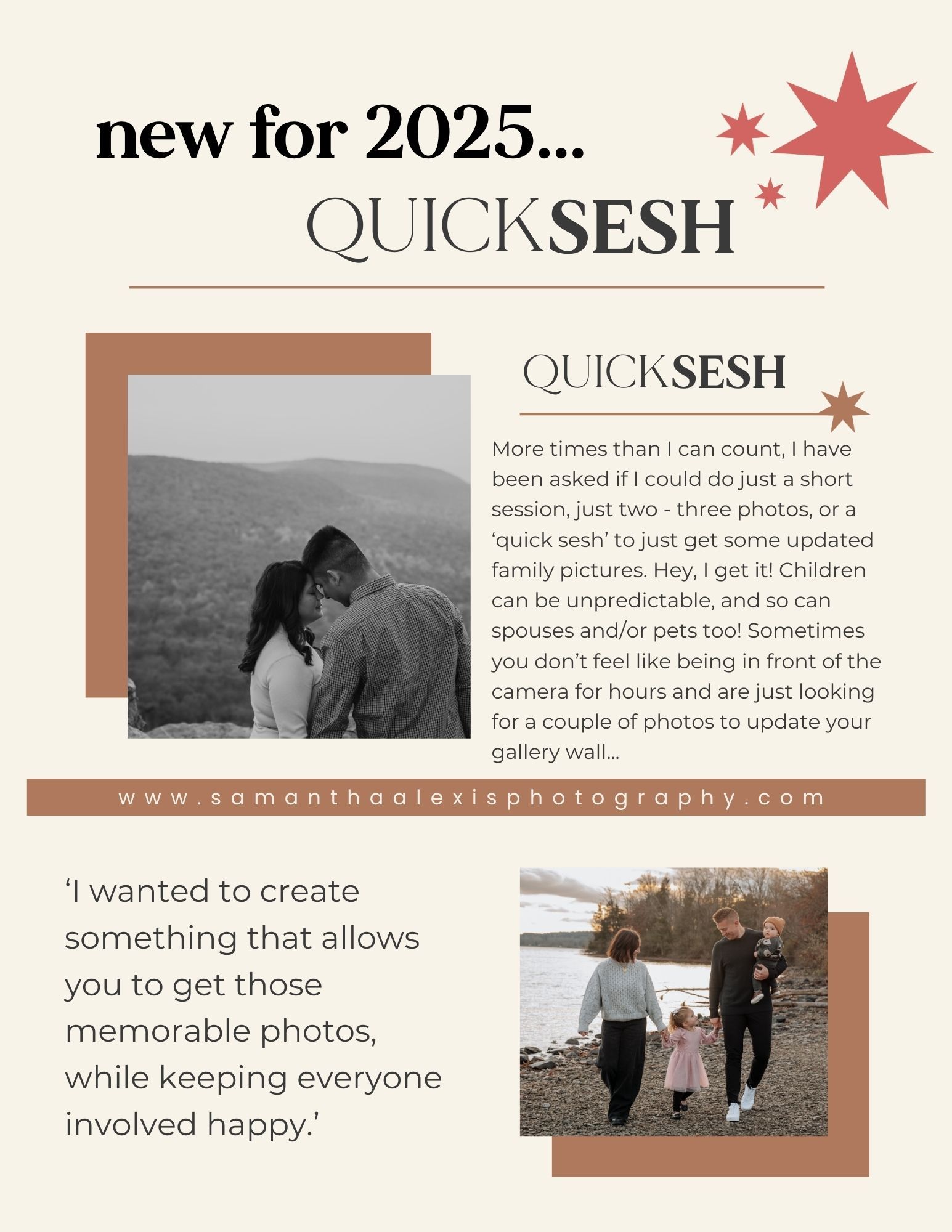 Promotional flyer for QuickSesh photography sessions by Samantha Alexis Photography for 2025.