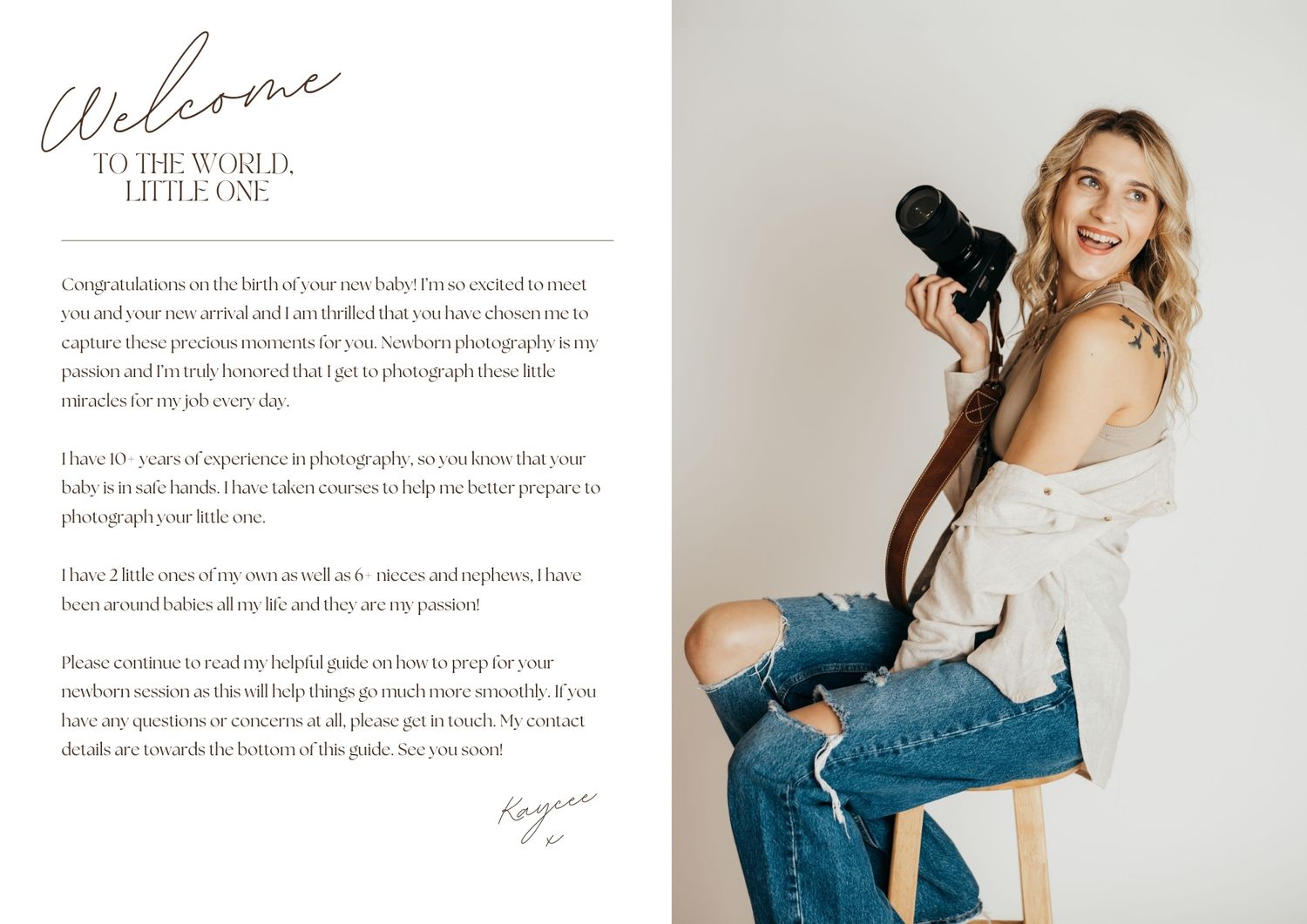 Marketing page layout featuring photography branding and welcome text.