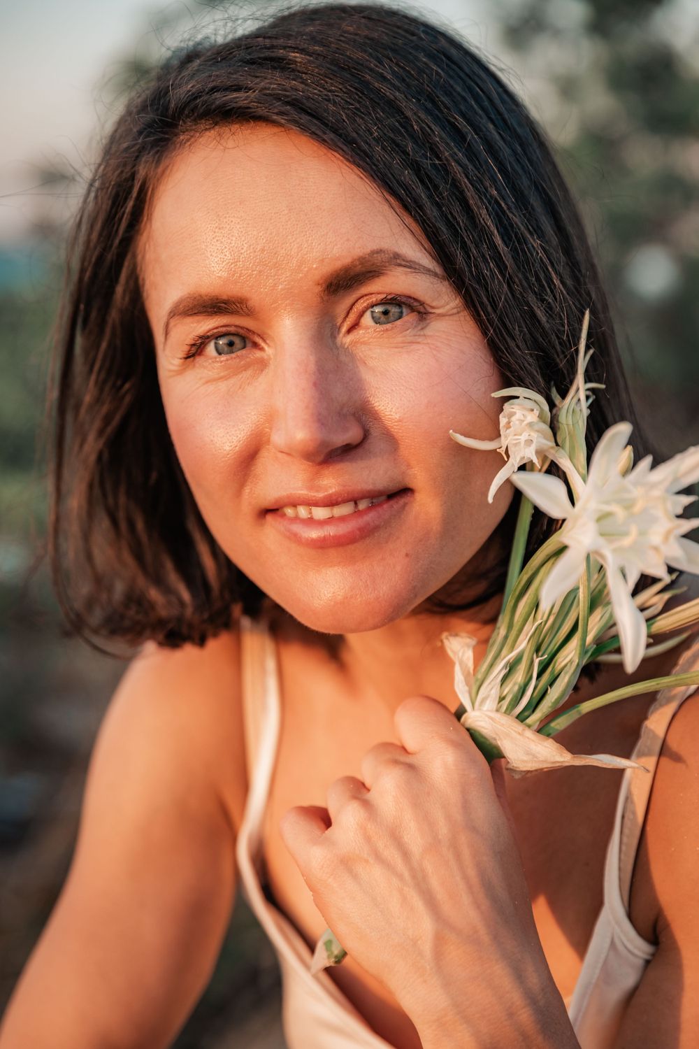 natural cosmetics branding portrait at sunset Mallorca.