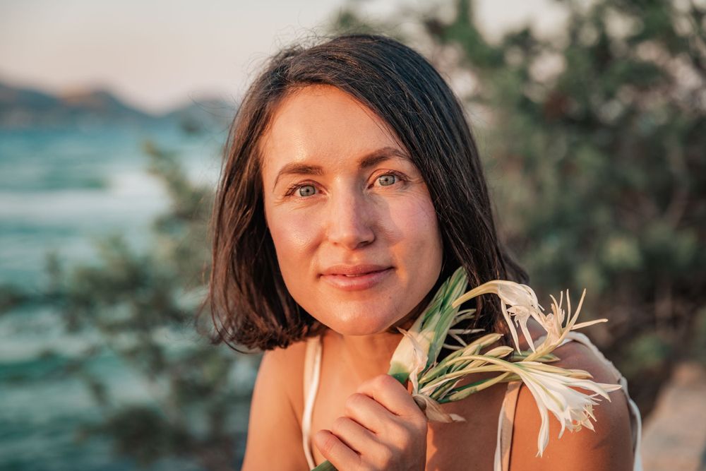 natural cosmetics branding portrait at sunset Mallorca.