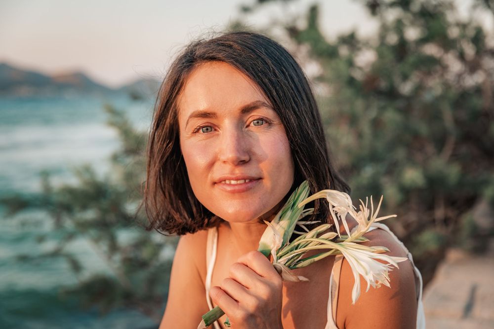 natural cosmetics branding portrait photoshoot at sunset Mallorca.