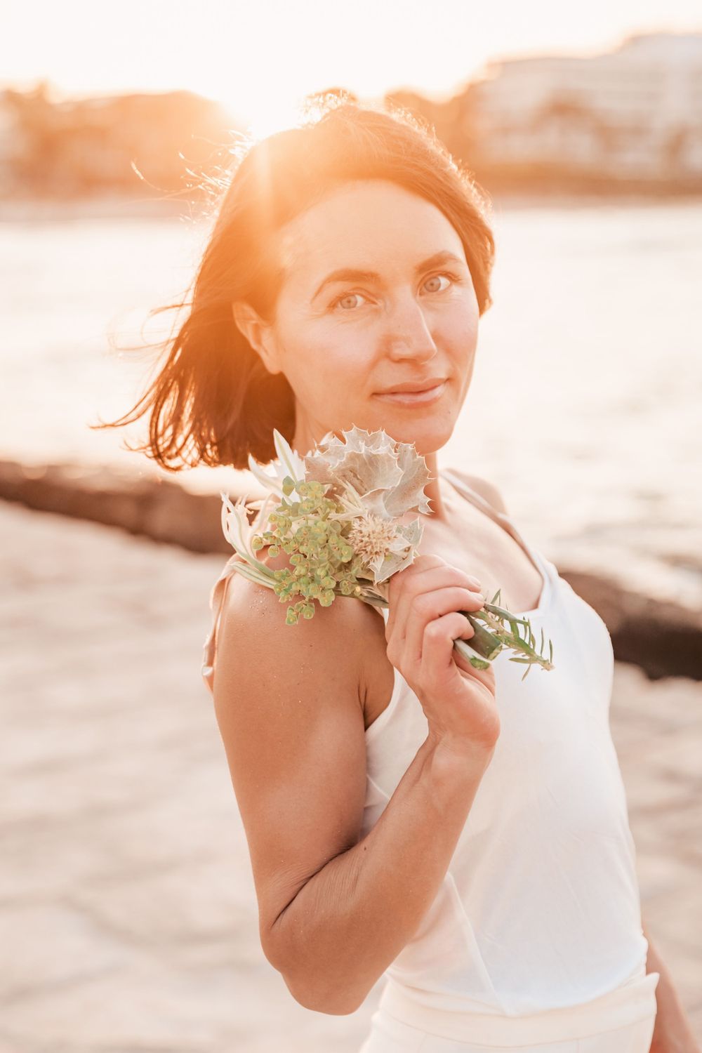 natural cosmetics branding portrait at sunset Mallorca.