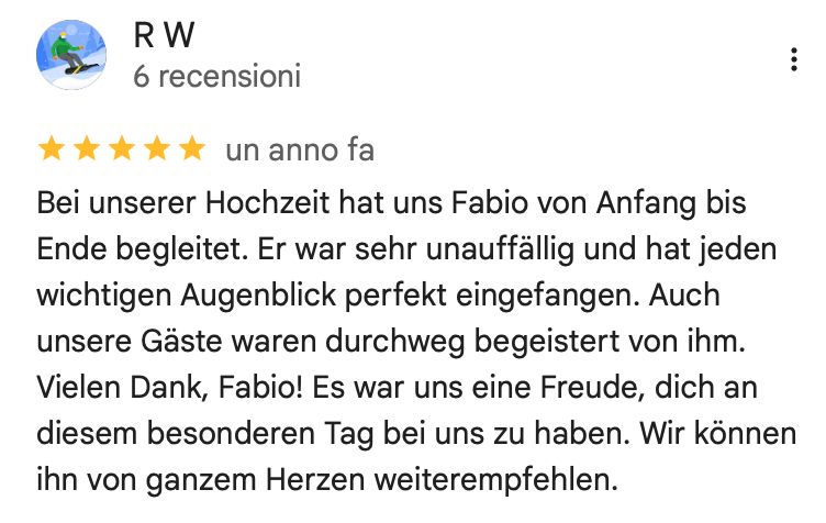 Feedback von R W: Fabio hat unsere Hochzeit perfekt begleitet. Er war unauffällig, hat jeden Moment eingefangen. Herzliche Empfehlung