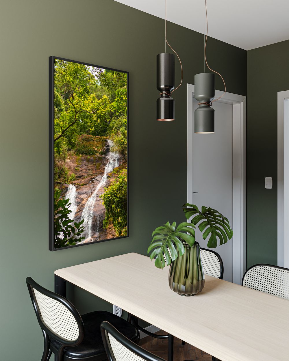 Quadro Decorativo Cascatinha Taunay para sala de jantar. Fotografia autoral de Paulo Felix. Arte de parede que combina com tons de verde.