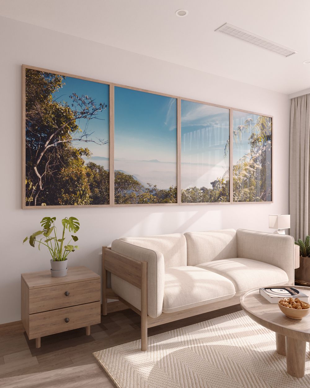 Composição de quatro quadros decorativos em sala, exibindo fotografia de paisagem natural do Pico da Tijuca. Quadros personalizados.