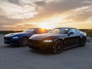 A black and blue Ford Mustang GT taken at sunset in Folly Beach, SC