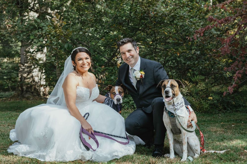 Wedding party poses with their beloved dog in a garden setting during outdoor celebration.