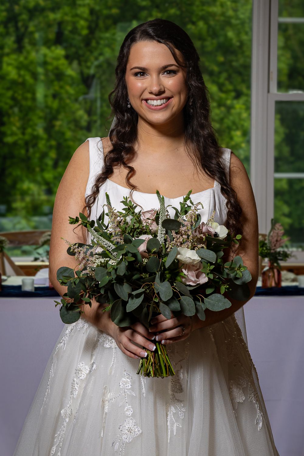 A series of wedding photos showing a bride in white dress holding a rustic bouquet with eucalyptus and white flowers.