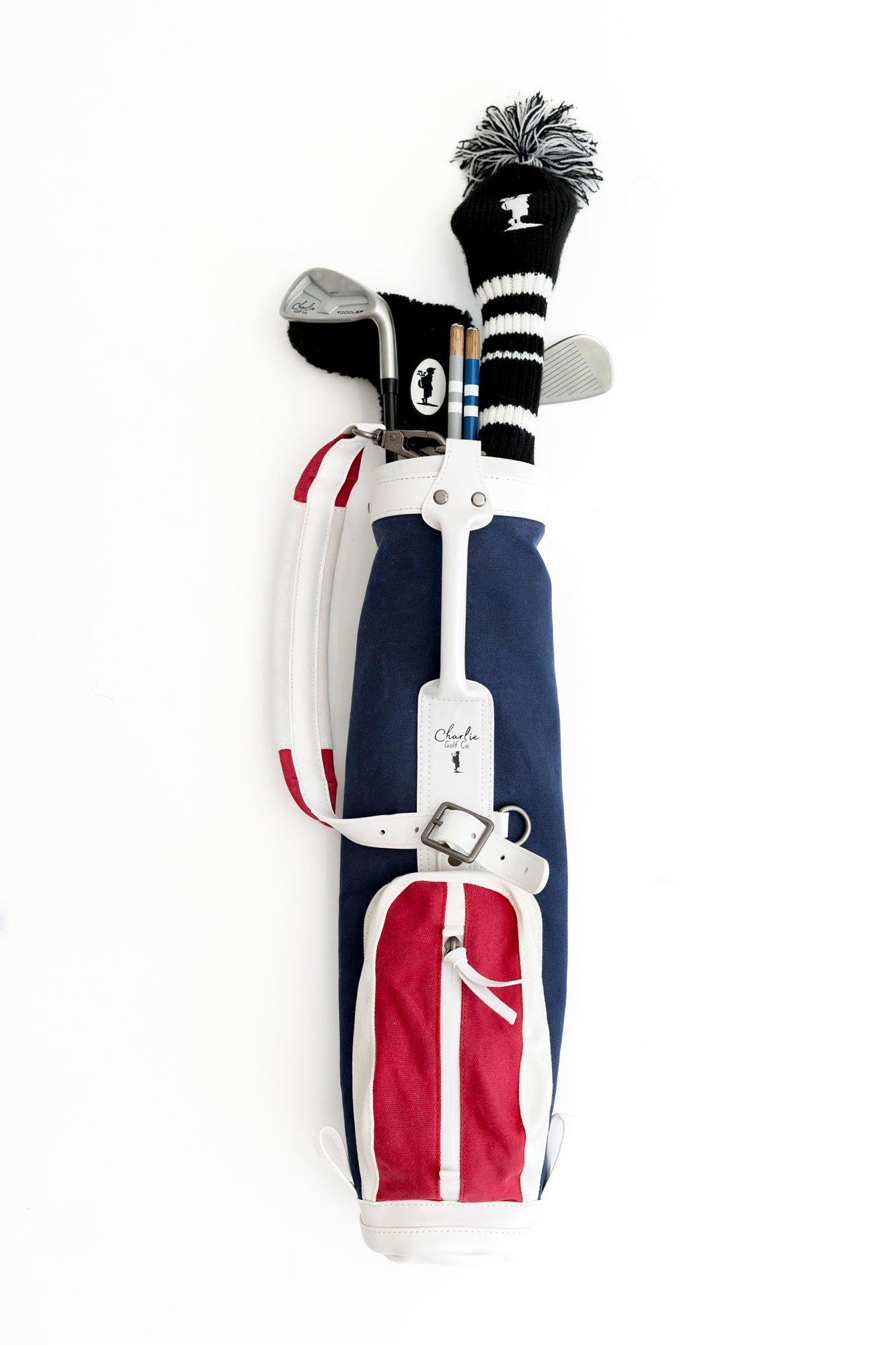 Charlie Golf Co Patriot golf bag product photography for toddler bag and golf clubs for childrens