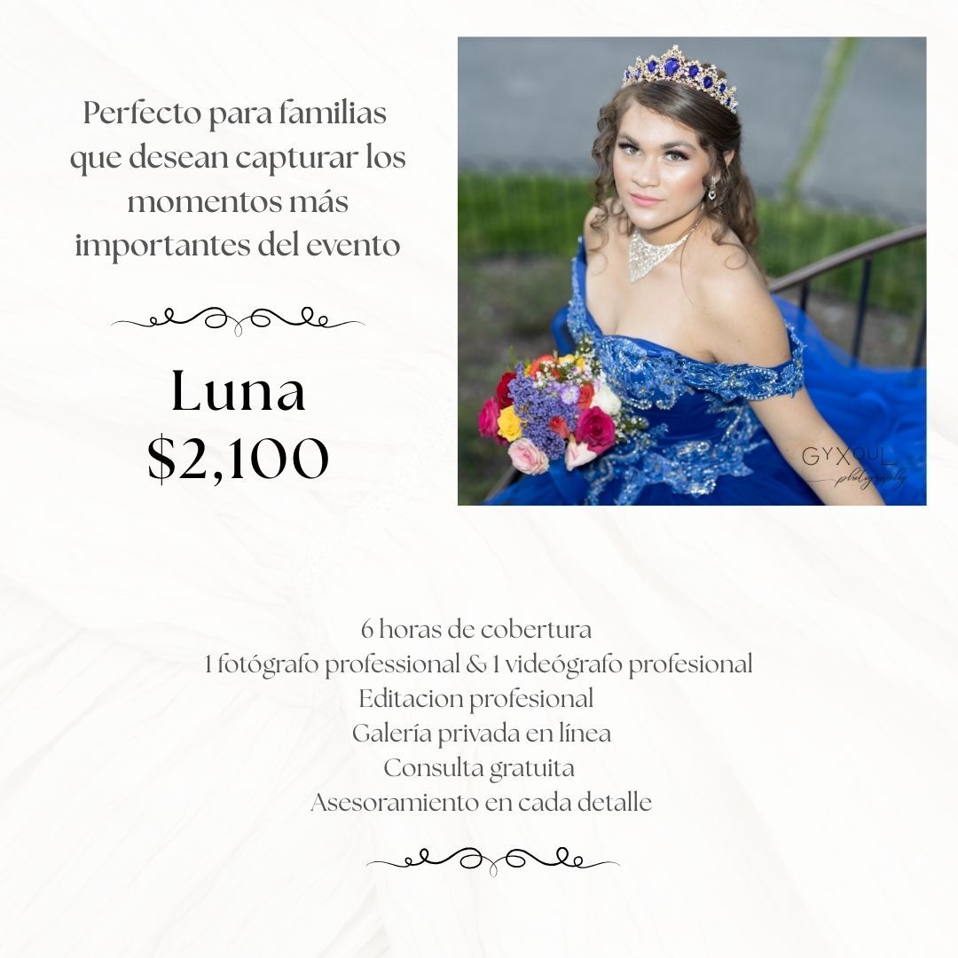 Promotional collage for photography services featuring blue formal event photos and pricing text in Spanish.