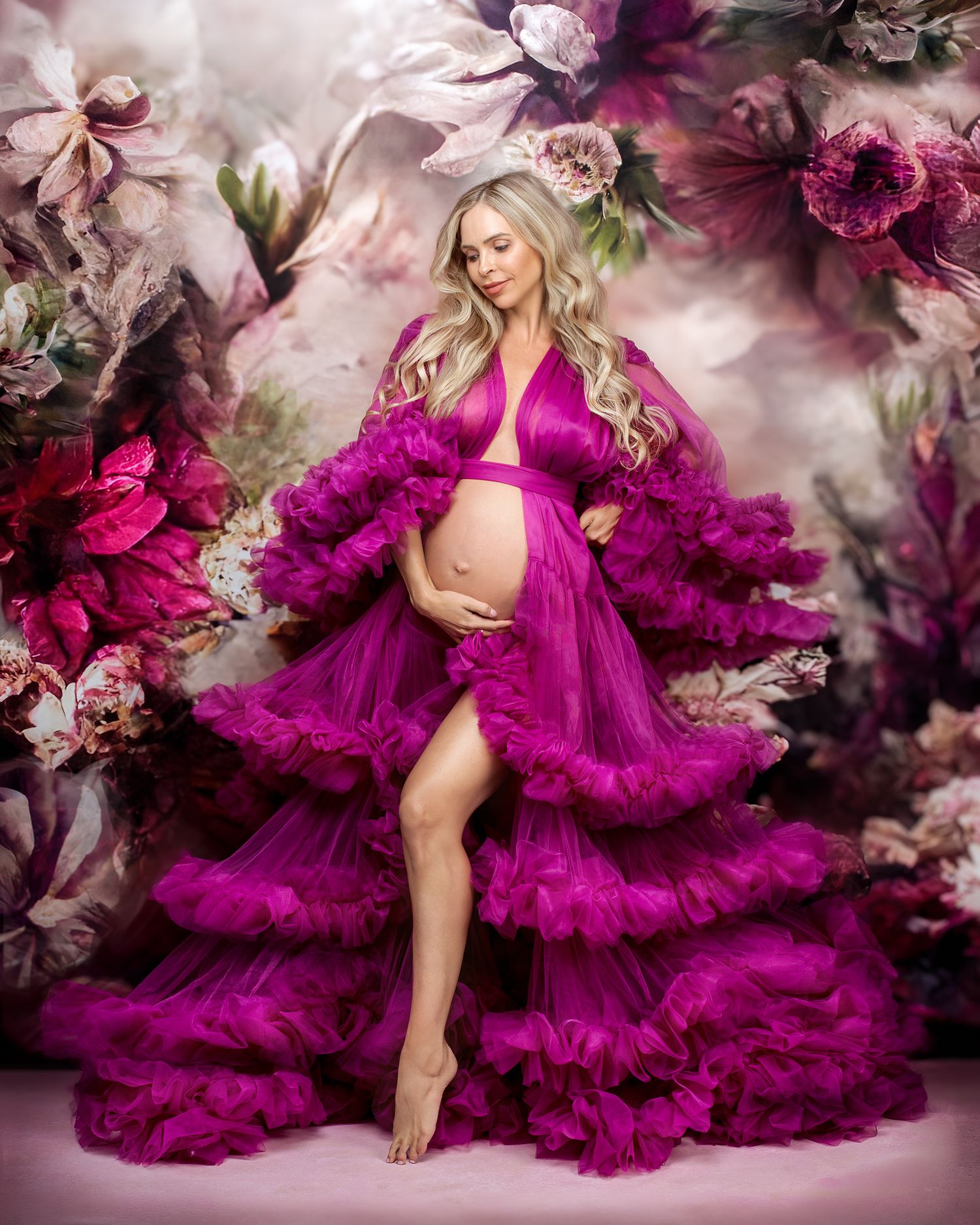 dreamy magenta luxury robe from Caz Captures client wardrobe on stunning pregnant woman at Sydney photography studio.