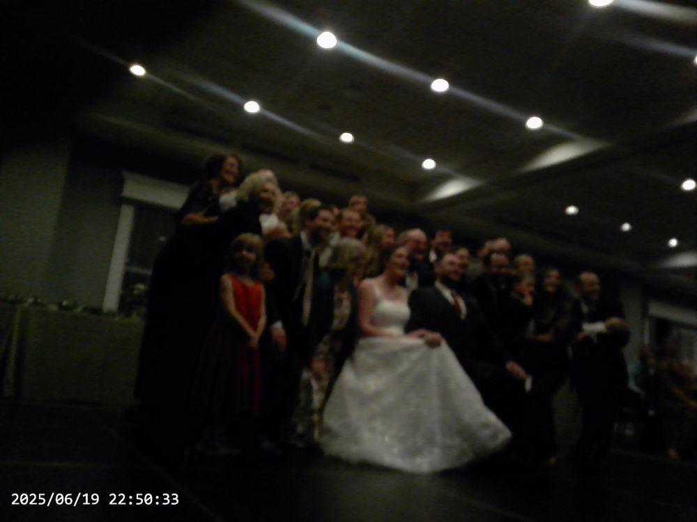 A sequence of seven wedding reception photos showing a dance floor with guests and a couple dancing under dim lighting.