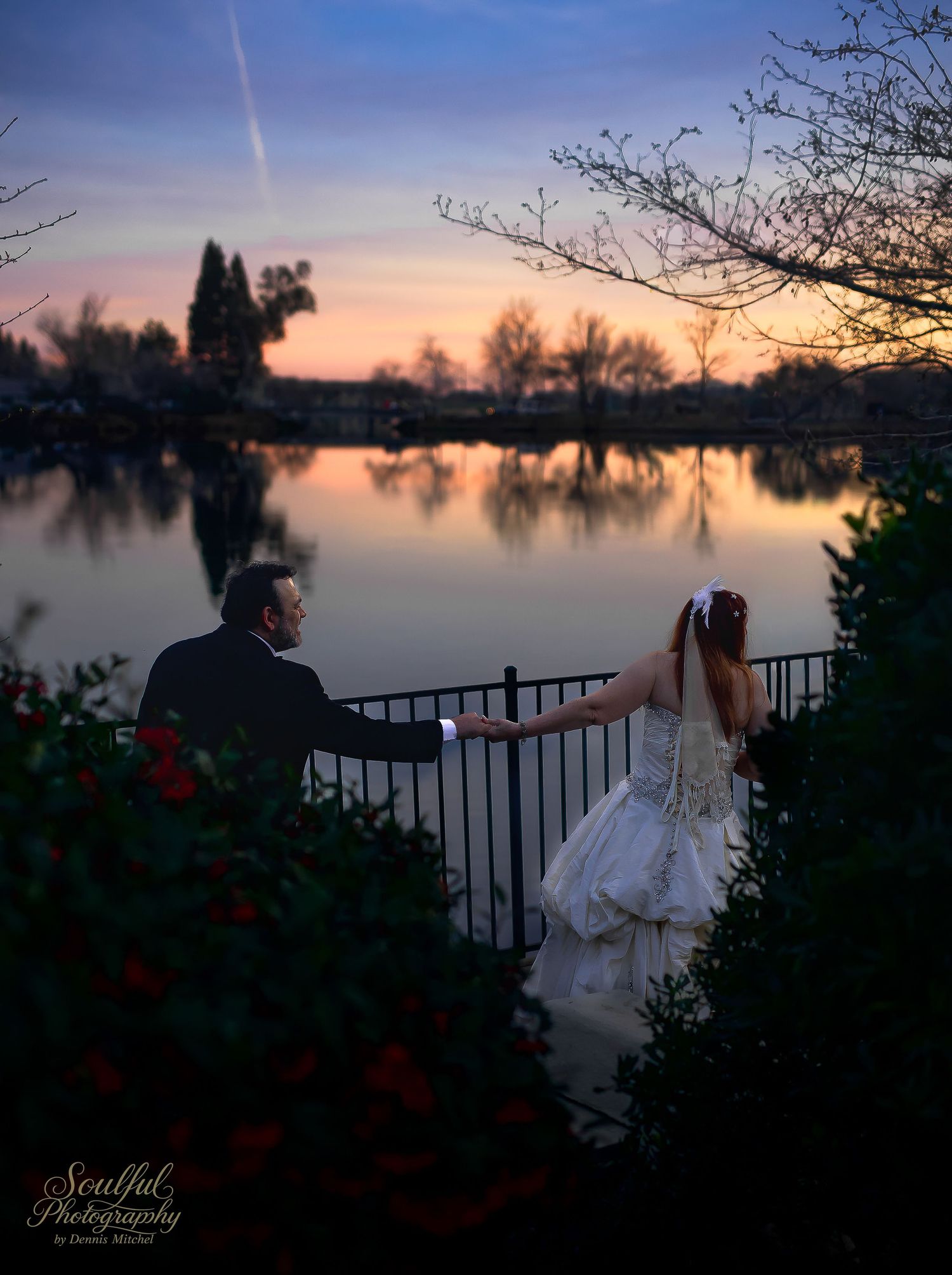 A series of tranquil sunset photos showing a lake with silhouetted trees and metal railings against an orange and purple sky.