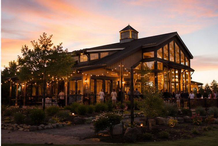 Rustic wedding venue with string lights glowing at sunset, featuring large windows and lush landscaping.