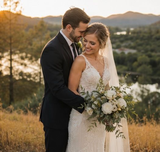Bride and groom embrace at golden hour with mountain views, bride holding white floral bouquet in lace wedding gown.