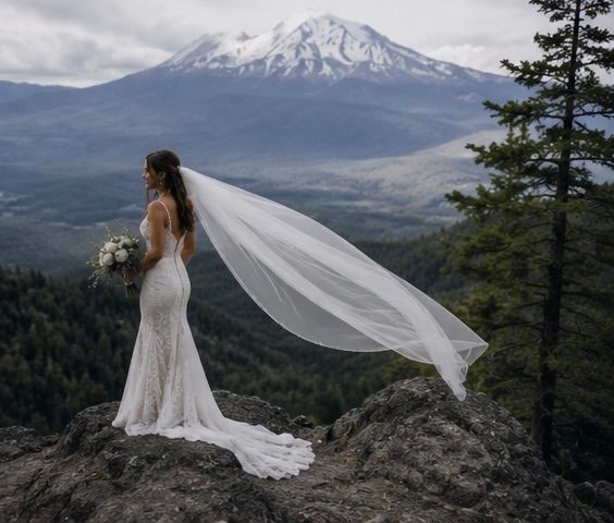 Bride in lace gown and flowing veil stands on rocky cliff with Mount Shasta backdrop on her wedding day.