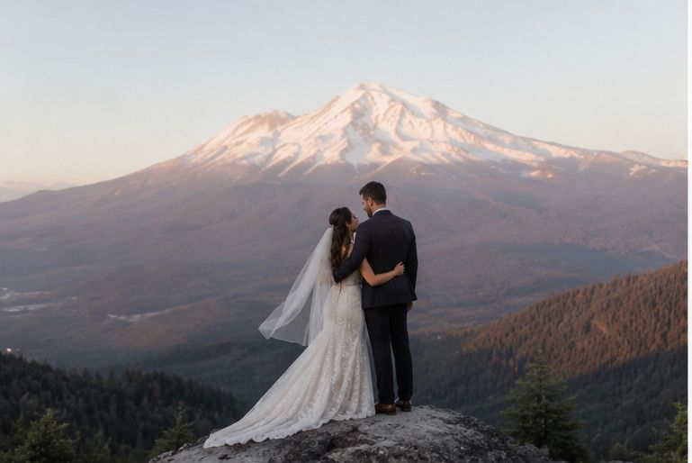 Bride and groom embrace on rocky summit with snow-capped Mount Shasta at sunset in Northern California.