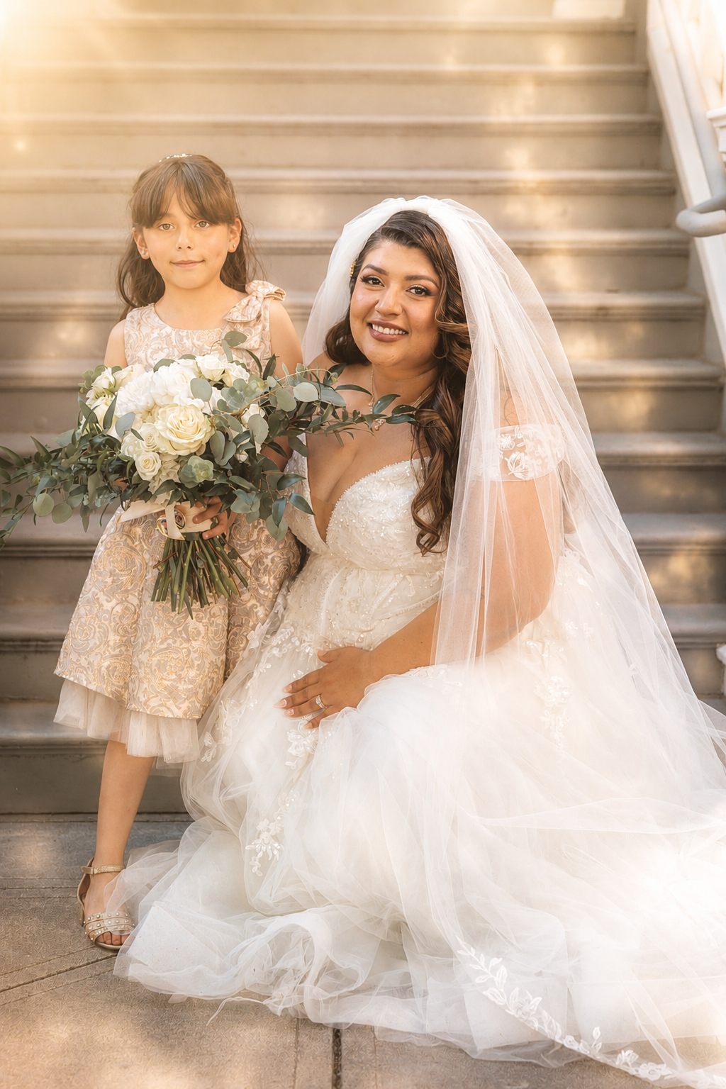 Bride in white lace gown and veil poses with flower girl in gold dress holding bouquet on stone steps.