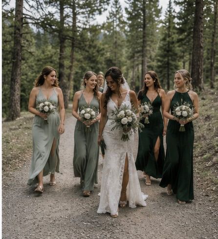Bride in lace gown walks with bridesmaids in green dresses through a forest path holding bouquets.