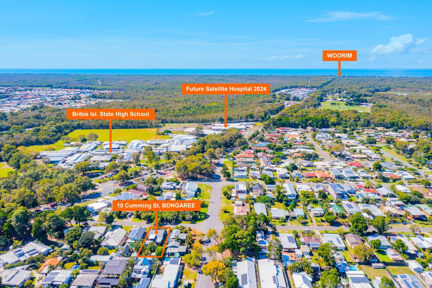 Aerial view of Bongaree property near Bribie Island State High School and future Bribie Satellite Hospital 2026.