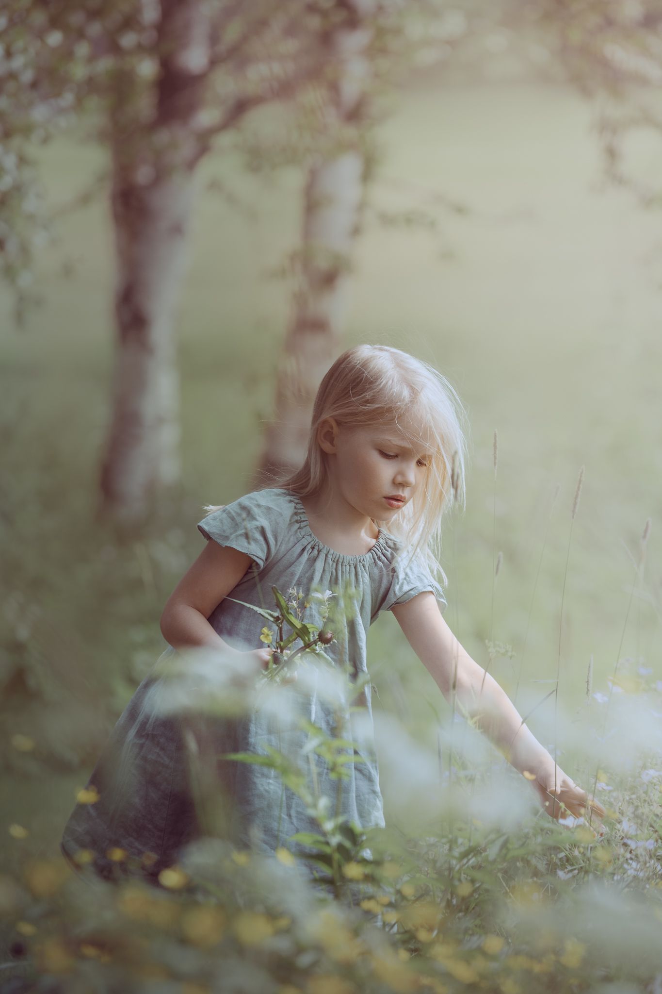 A dreamy forest scene shows a child in a blue dress gently touching wildflowers in soft, ethereal lighting.