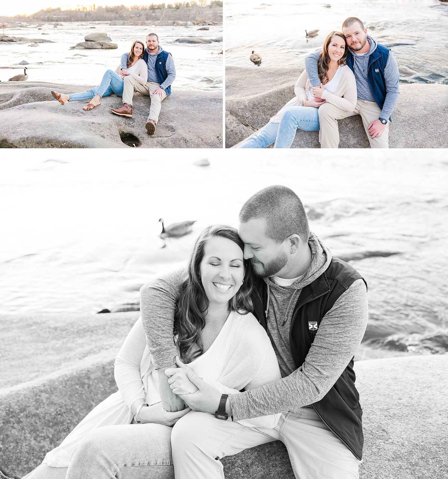 A couple shares joyful moments together sitting on rocky coastal shores during their photo session.
