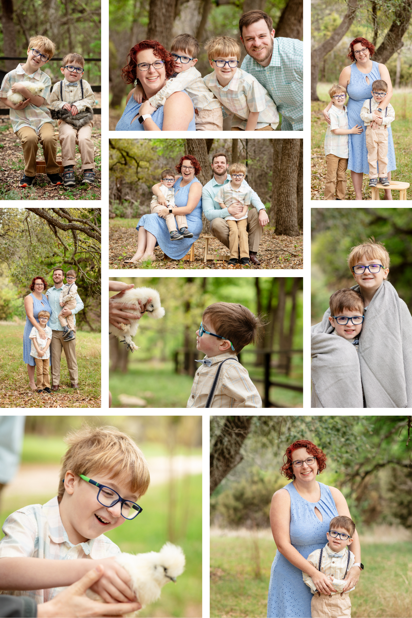 A heartwarming outdoor family photo collage featuring moments in nature with light blue clothing and casual poses.