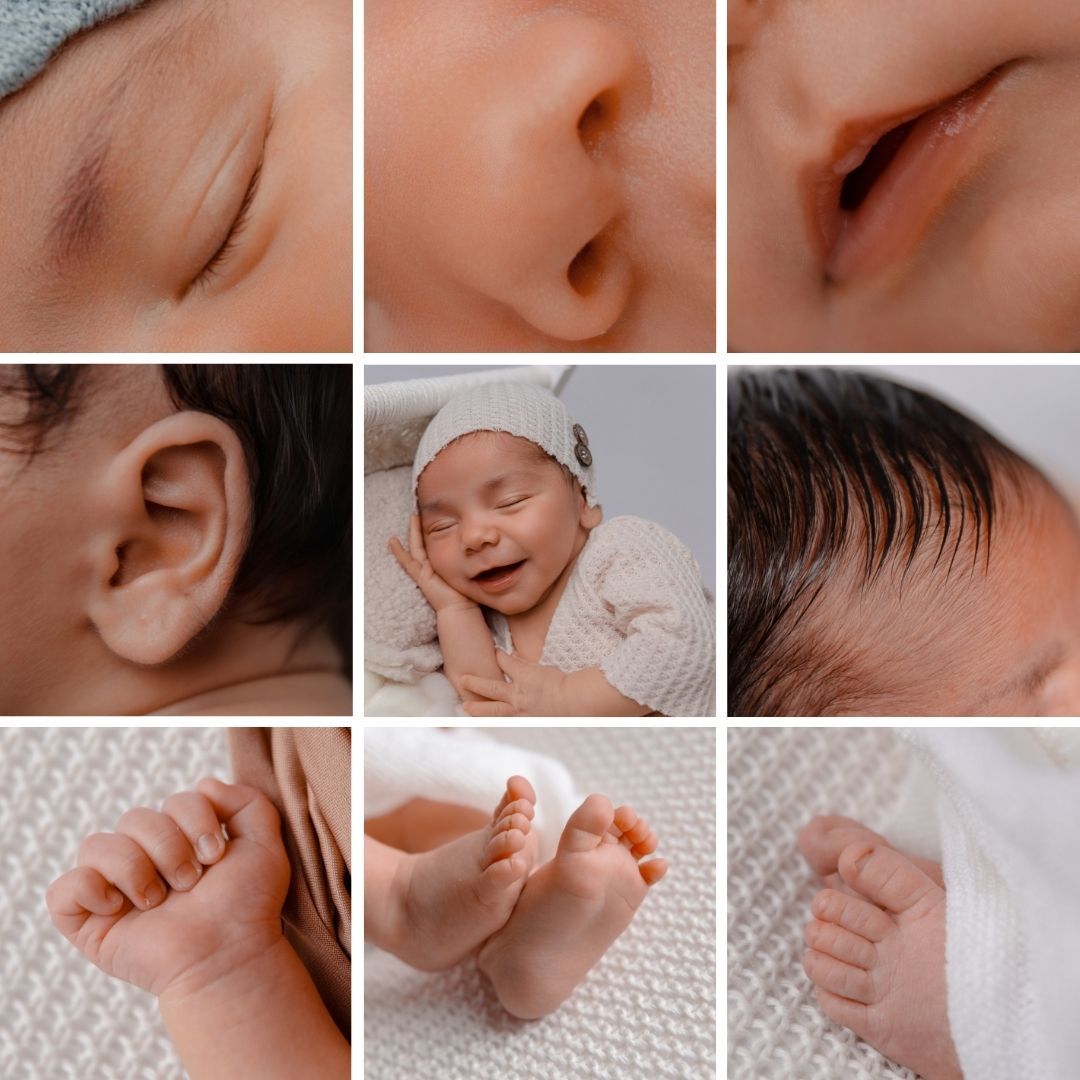 Close-up details of a newborn baby showing tiny features like fingers, toes, and delicate skin.