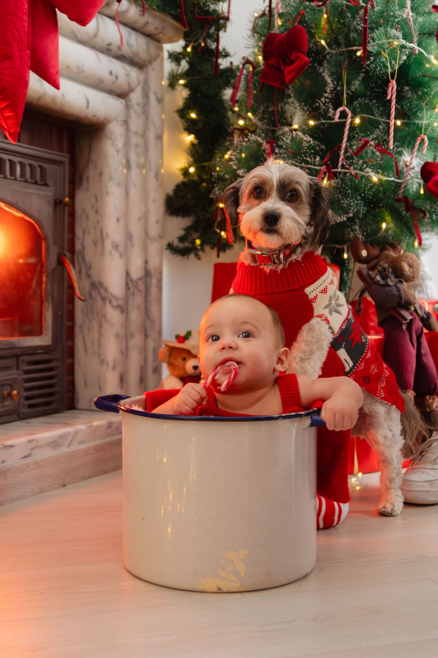 A whimsical holiday setup with a mixing bowl and Christmas decorations.