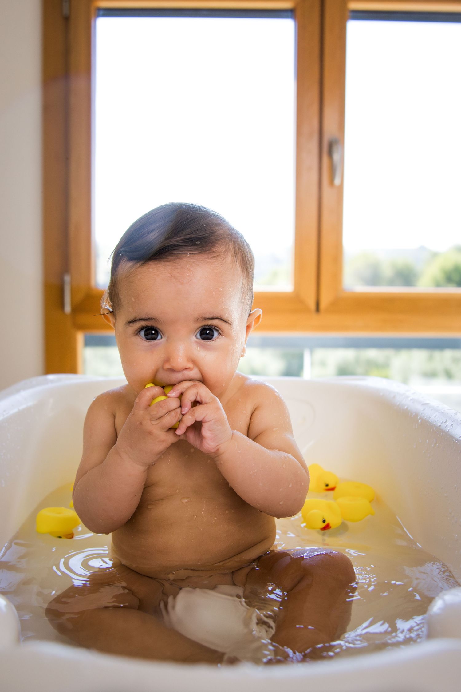 Bath time moments with rubber ducks and natural window lighting.