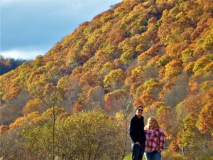Two people stand against a stunning backdrop of golden autumn foliage on a mountainside.