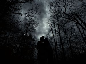 Dark silhouettes of bare trees against stormy sky in black and white.
