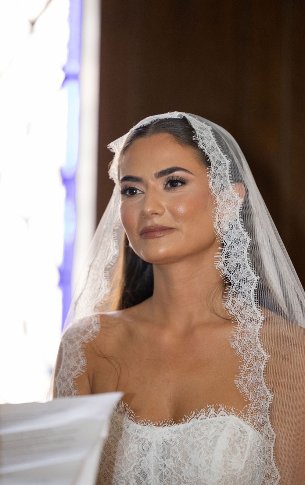 A bride in a delicate lace veil poses for a portrait with flawless makeup and natural lighting.