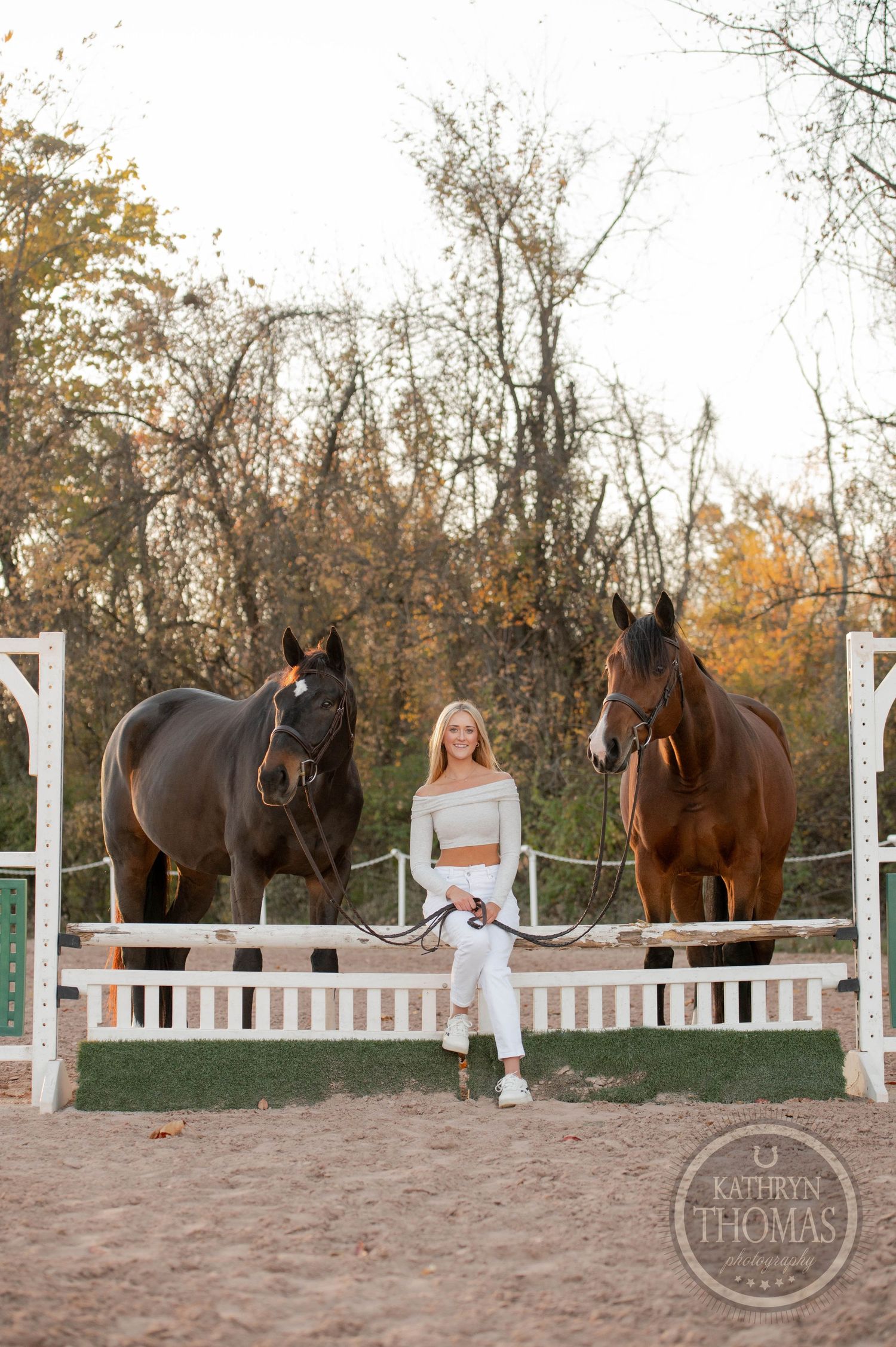 Two beautiful horses flank someone in white clothing seated on a decorative fence.