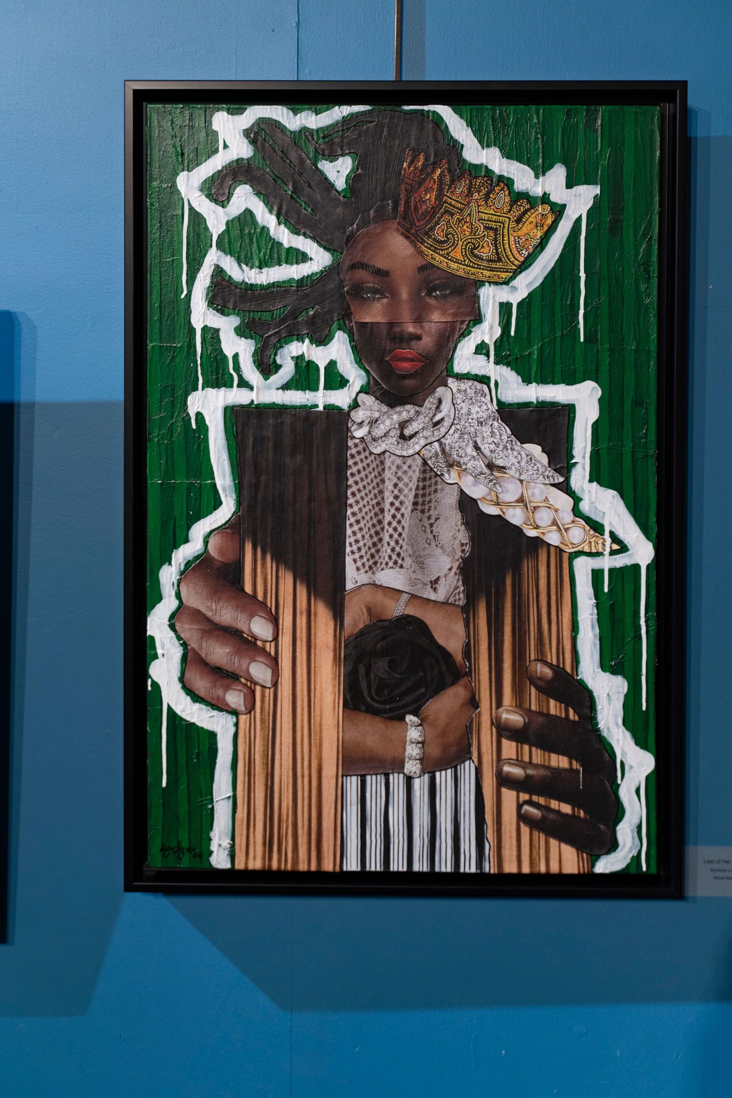 Portrait artwork with green background featuring decorative lace collar and crown details.