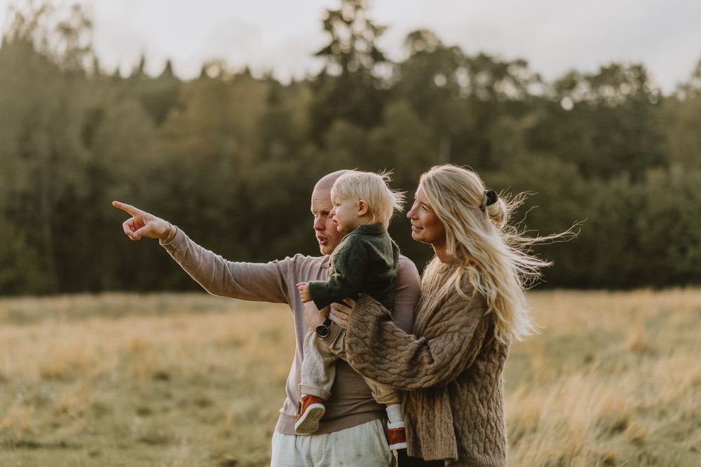 Mamma, pappa, barn står på en guldgul äng och tittar på fåglar, under en familjefotografering i Jönköping.