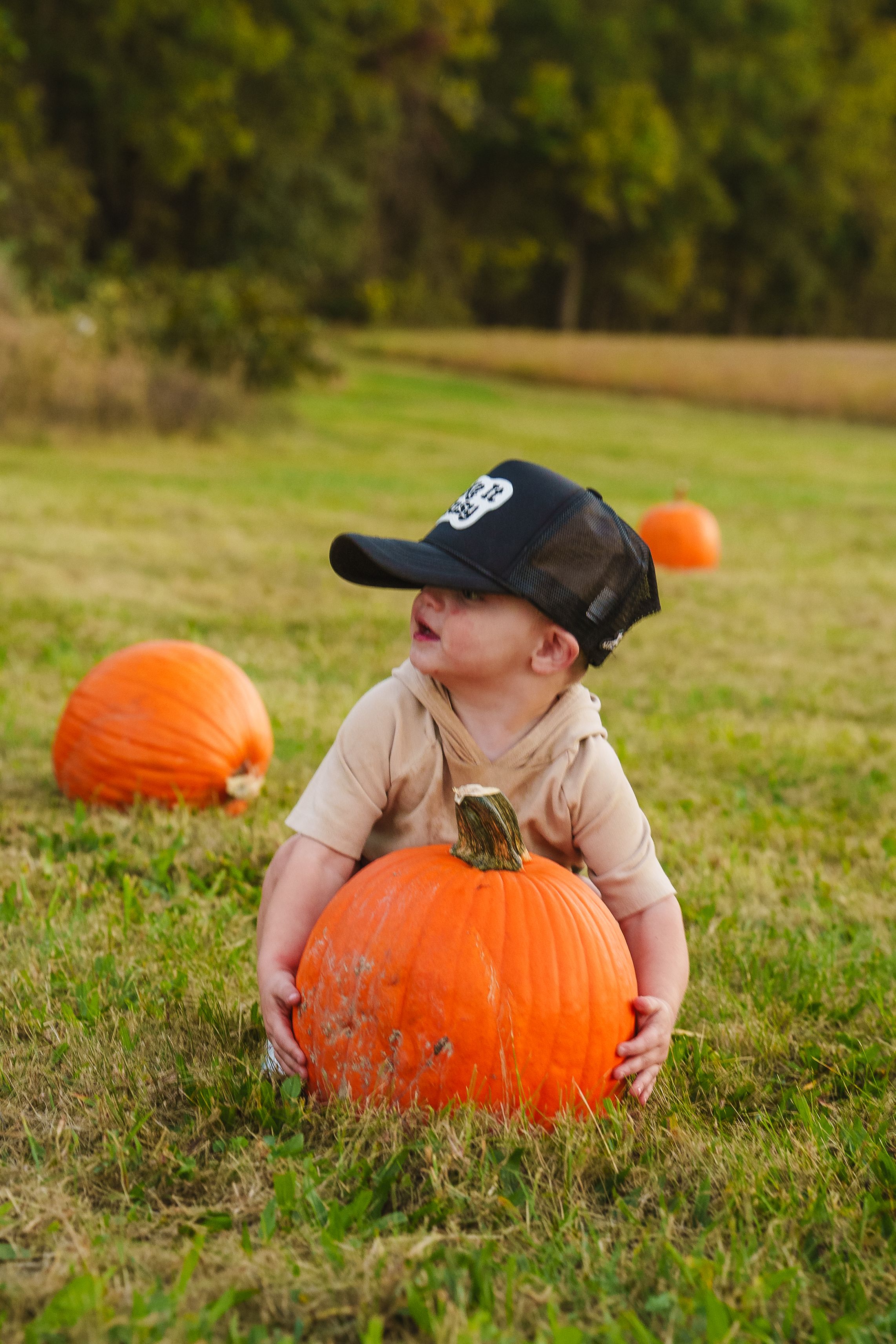Little one in a tan shirt and baseball cap sitting next to bright orange pumpkins in a grassy field during autumn.
