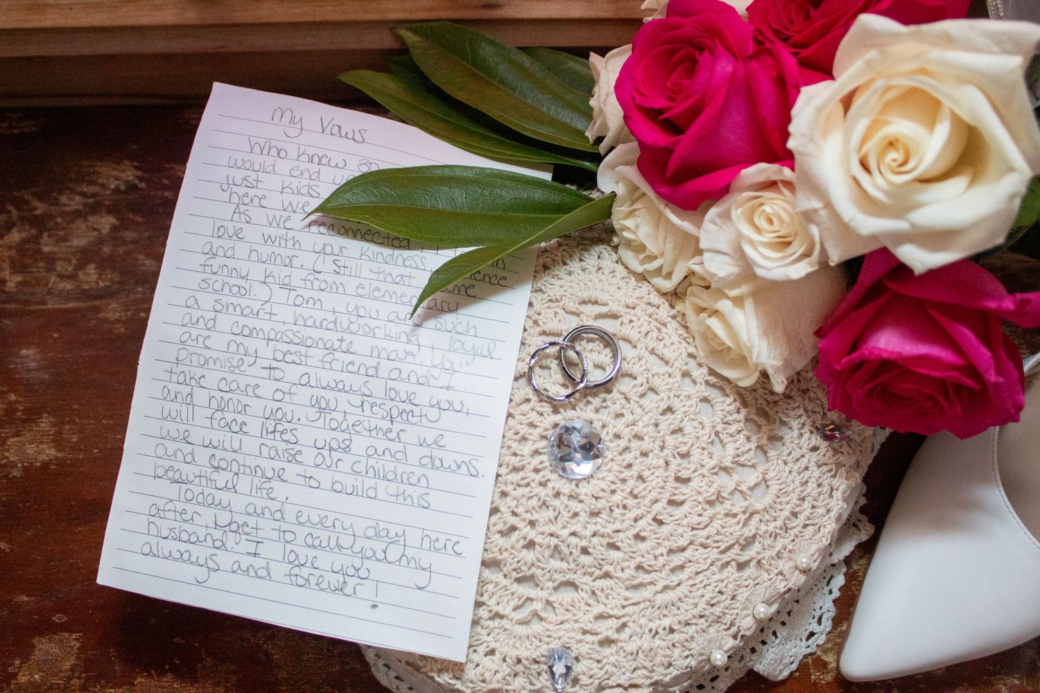 flat lay styling, vows, bridal bouquet, rings, shoes, wedding, roses, love, bride, groom