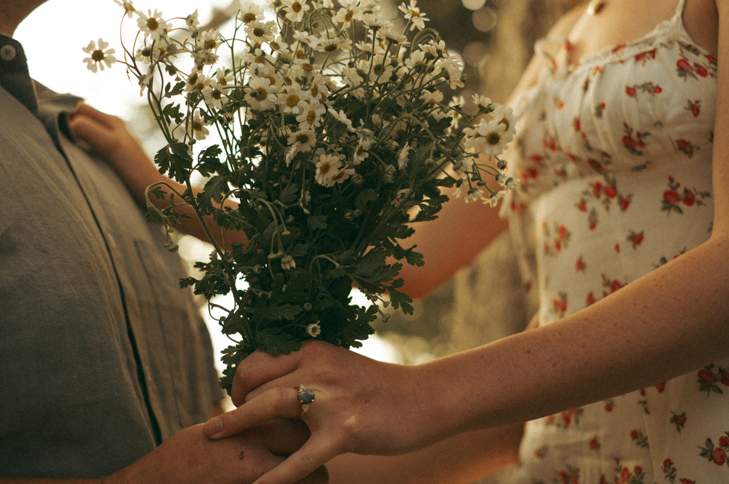 Hands holding delicate white flowers in natural sunlight.